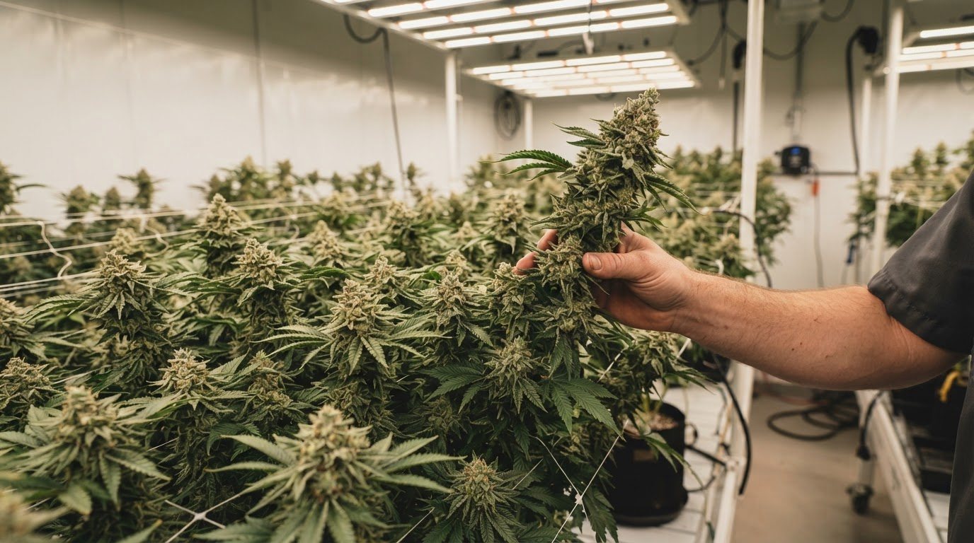 A clean, well-kept indoor flowering room: one healthy cannabis plant top filling the frame from the bottom edge to within