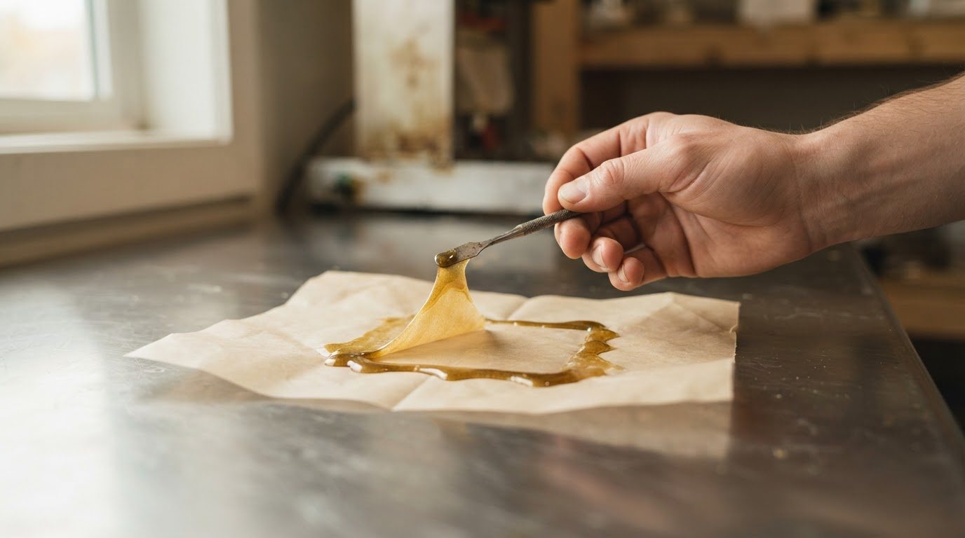 A fresh press of live rosin on parchment: a thick amber-gold pour still glossy and warm, one corner being lifted with a small